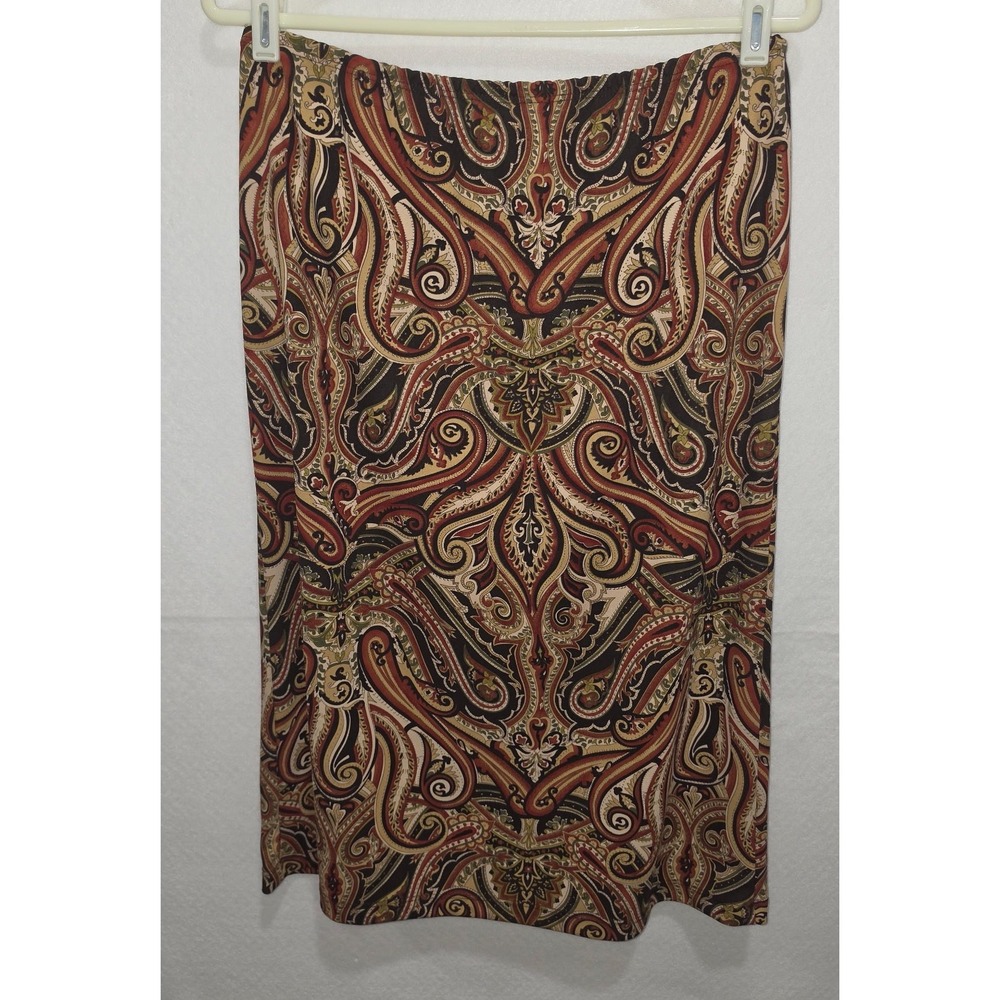 La Belle Vintage Paisley Midi Skirt Brown Rust Olive Green Size L Made in USA